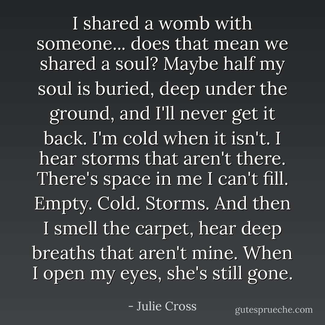 I shared a womb with someone... does that mean we shared a soul?<br />Maybe half my soul is buried, deep under the ground, and I'll never get it back.<br />I'm cold when it isn't. I hear storms that aren't there. There's space in me I can't fill.<br />Empty. Cold. Storms. And then I smell the carpet, hear deep breaths that aren't mine.<br />When I open my eyes, she's still gone. - Julie Cross