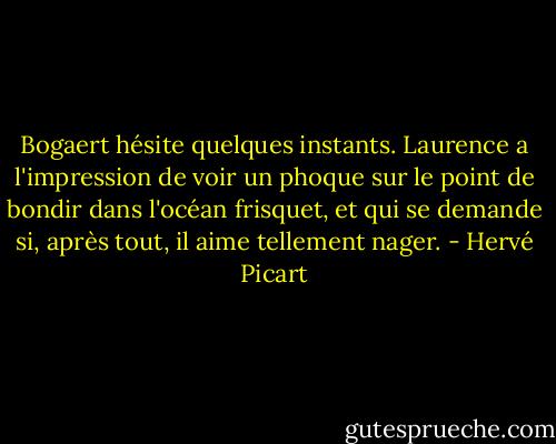 Bogaert hésite quelques instants. Laurence a l'impression de voir un phoque sur le point de bondir dans l'océan frisquet, et qui se demande si, après tout, il aime tellement nager. - Hervé Picart