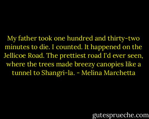 My father took one hundred and thirty-two minutes to die.<br />I counted.<br />It happened on the Jellicoe Road. The prettiest road I'd ever seen, where the trees made breezy canopies like a tunnel to Shangri-la. - Melina Marchetta