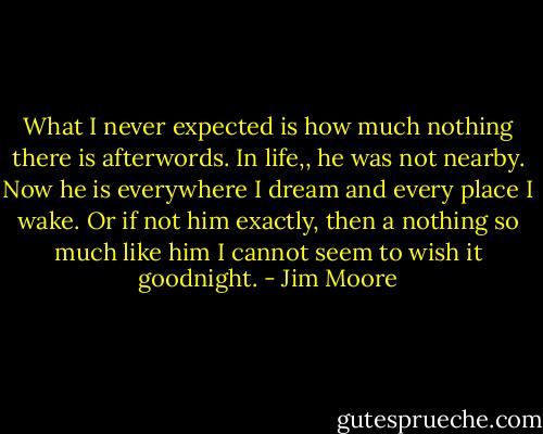 What I never expected is how much nothing there is afterwords. In life,, he was not nearby. Now he is everywhere I dream and every place I wake. Or if not him exactly, then a nothing so much like him I cannot seem to wish it goodnight. - Jim Moore