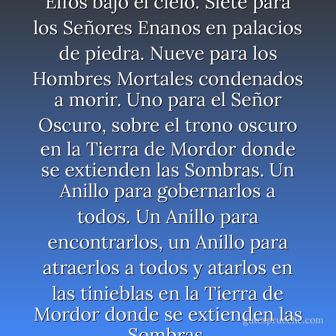 Tres Anillos para los Reyes Elfos bajo el cielo. Siete para los Señores Enanos en palacios de piedra. Nueve para los Hombres Mortales condenados a morir. Uno para el Señor Oscuro, sobre el trono oscuro en la Tierra de Mordor donde se extienden las Sombras. Un Anillo para gobernarlos a todos. Un Anillo para encontrarlos, un Anillo para atraerlos a todos y atarlos en las tinieblas en la Tierra de Mordor donde se extienden las Sombras. - J.R.R. Tolkien
