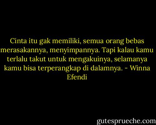 Cinta itu gak memiliki, semua orang bebas merasakannya, menyimpannya. Tapi kalau kamu terlalu takut untuk mengakuinya, selamanya kamu bisa terperangkap di dalamnya. - Winna Efendi