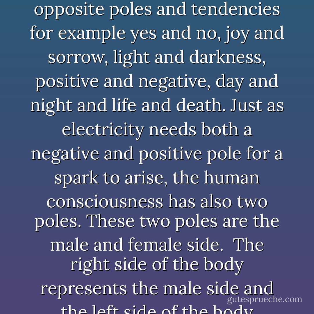 What are the inner man and woman? Our being consists of two energies: the male and female aspect. Irrespective of if we are a man or a woman, we have both a male and female side.<br />Life develops through opposite poles and tendencies for example yes and no, joy and sorrow, light and darkness, positive and negative, day and night and life and death.<br />Just as electricity needs both a negative and positive pole for a spark to arise, the human consciousness has also two poles. These two poles are the male and female side. <br />The right side of the body represents the male side and the left side of the body represents the female side. We all have both a male and female side, which is represented by the right and left side of the body. - Swami Dhyan Giten