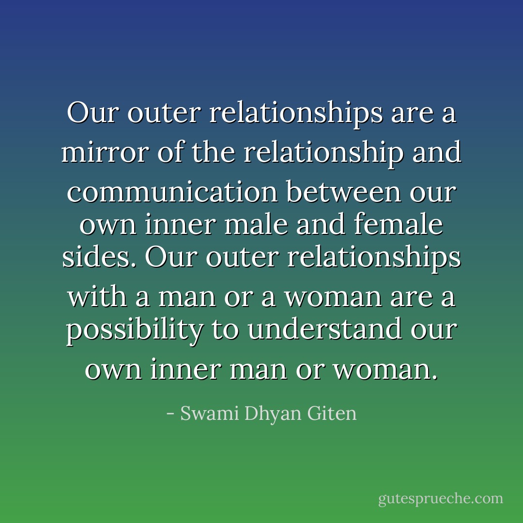 Our outer relationships are a mirror of the relationship and communication between our own inner male and female sides. Our outer relationships with a man or a woman are a possibility to understand our own inner man or woman. - Swami Dhyan Giten