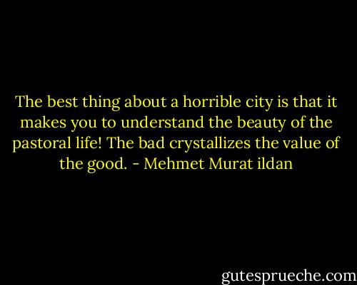 The best thing about a horrible city is that it makes you to understand the beauty of the pastoral life! The bad crystallizes the value of the good. - Mehmet Murat ildan