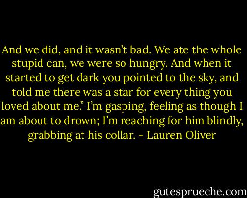 And we did, and it wasn’t bad. We ate the whole stupid can, we were so hungry. And when it started to get dark you pointed to the sky, and told<br />me there was a star for every thing you loved about me.” I’m gasping, feeling as though I am about to drown; I’m reaching for him blindly, grabbing at<br />his collar. - Lauren Oliver