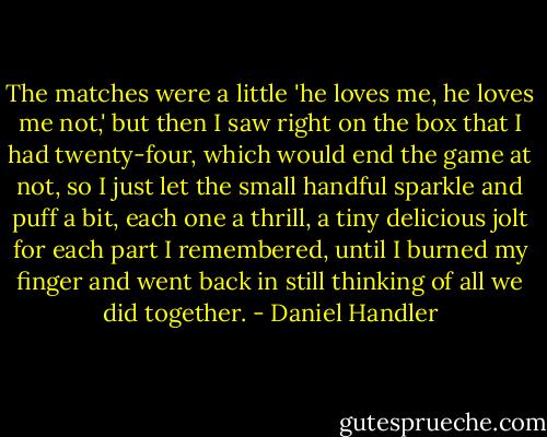 The matches were a little 'he loves me, he loves me not,' but then I saw right on the box that I had twenty-four, which would end the game at not, so I just let the small handful sparkle and puff a bit, each one a thrill, a tiny delicious jolt for each part I remembered, until I burned my finger and went back in still thinking of all we did together. - Daniel Handler