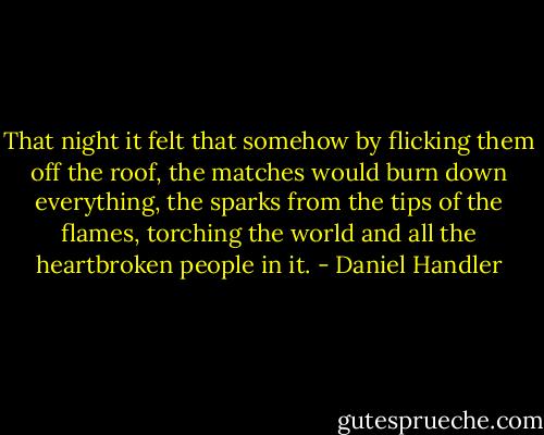 That night it felt that somehow by flicking them off the roof, the matches would burn down everything, the sparks from the tips of the flames, torching the world and all the heartbroken people in it. - Daniel Handler