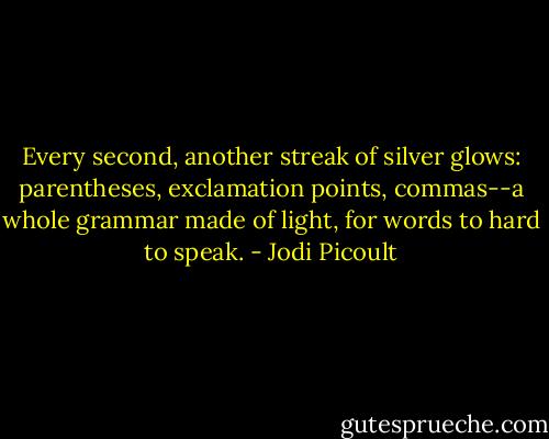 Every second, another streak of silver glows: parentheses, exclamation points, commas--a whole grammar made of light, for words to hard to speak. - Jodi Picoult