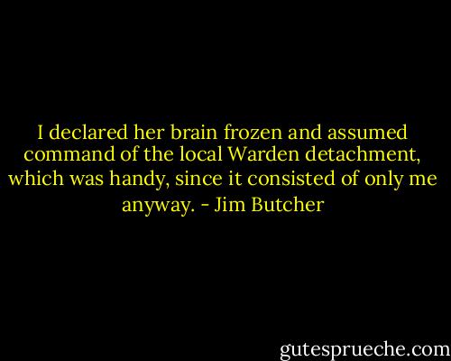 I declared her brain frozen and assumed command of the local Warden detachment, which was handy, since it consisted of only me anyway. - Jim Butcher