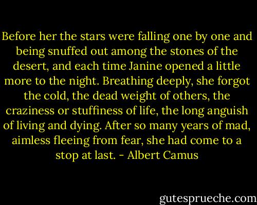 Before her the stars were falling one by one and being snuffed out among the stones of the desert, and each time Janine opened a little more to the night. Breathing deeply, she forgot the cold, the dead weight of others, the craziness or stuffiness of life, the long anguish of living and dying. After so many years of mad, aimless fleeing from fear, she had come to a stop at last. - Albert Camus