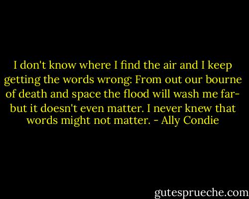 I don't know where I find the air and I keep getting the words wrong: From out our bourne of death and space the flood will wash me far- but it doesn't even matter. I never knew that words might not matter. - Ally Condie