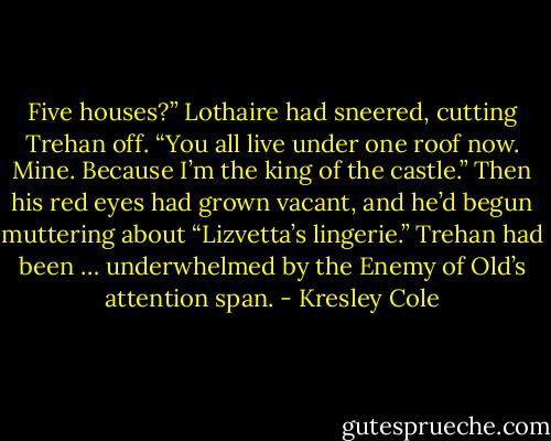 Five houses?” Lothaire had sneered, cutting Trehan off. “You all live under one roof now. Mine. Because I’m the king of the castle.” Then his red eyes had grown vacant, and he’d begun muttering about “Lizvetta’s lingerie.”<br />Trehan had been … underwhelmed by the Enemy of Old’s attention span. - Kresley Cole