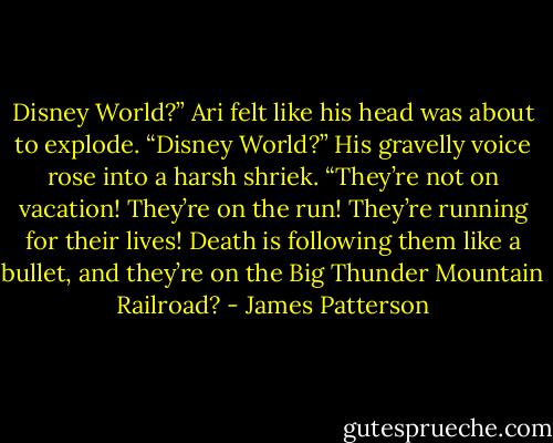 Disney World?” Ari felt like his head was about to explode. “Disney World?” His gravelly voice rose into a harsh shriek. “They’re not on vacation! They’re on the run! They’re running for their lives! Death is following them like a bullet, and they’re on the Big Thunder Mountain Railroad? - James Patterson