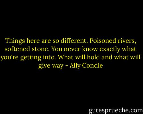 Things here are so different. Poisoned rivers, softened stone. You never know exactly what you're getting into. What will hold and what will give way - Ally Condie