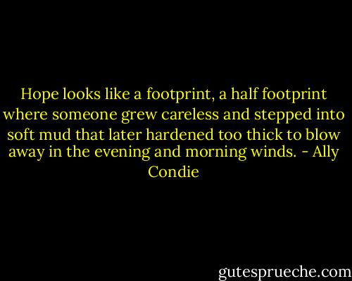 Hope looks like a footprint, a half footprint where someone grew careless and stepped into soft mud that later hardened too thick to blow away in the evening and morning winds. - Ally Condie