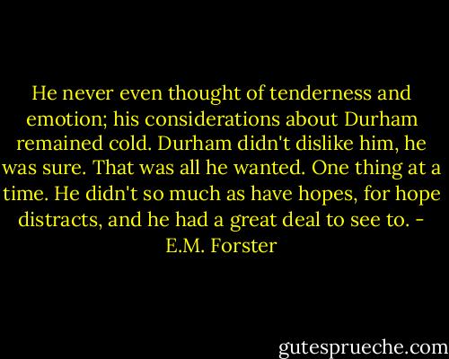 He never even thought of tenderness and emotion; his considerations about Durham remained cold. Durham didn't dislike him, he was sure. That was all he wanted. One thing at a time. He didn't so much as have hopes, for hope distracts, and he had a great deal to see to. - E.M. Forster