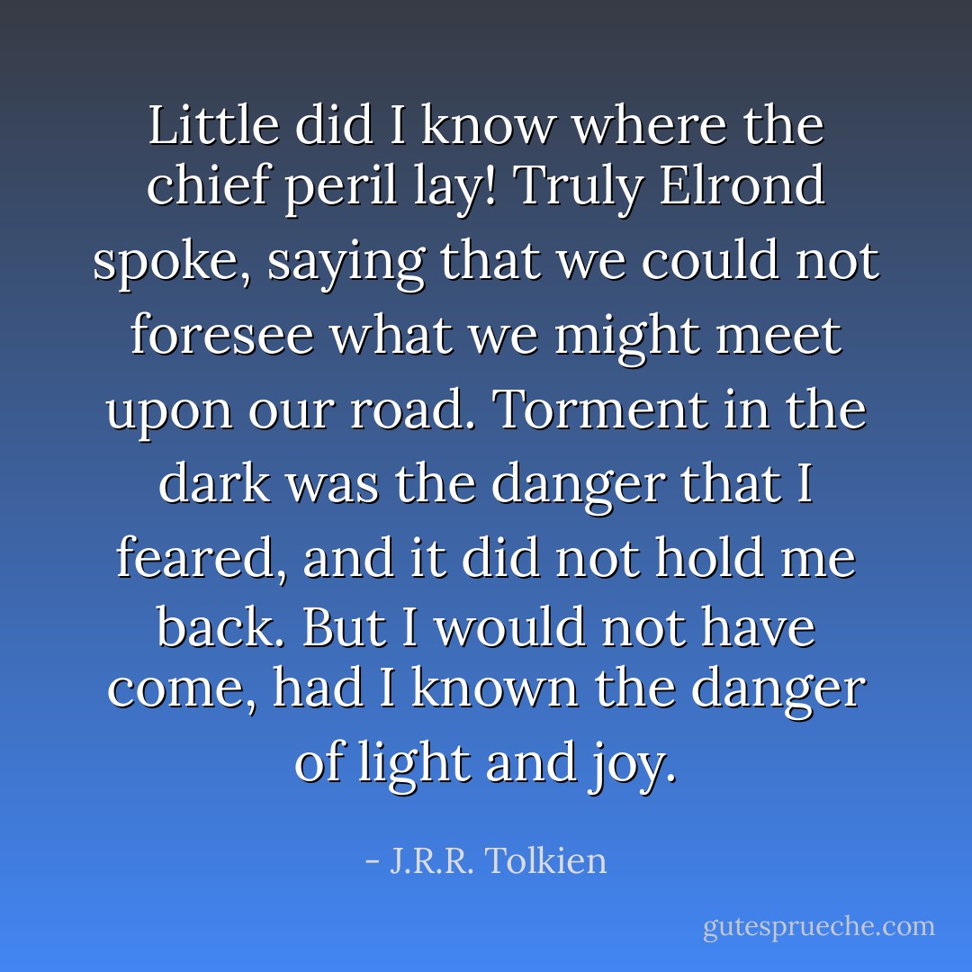 Little did I know where the chief peril lay! Truly Elrond spoke, saying that we could not foresee what we might meet upon our road. Torment in the dark was the danger that I feared, and it did not hold me back. But I would not have come, had I known the danger of light and joy. - J.R.R. Tolkien