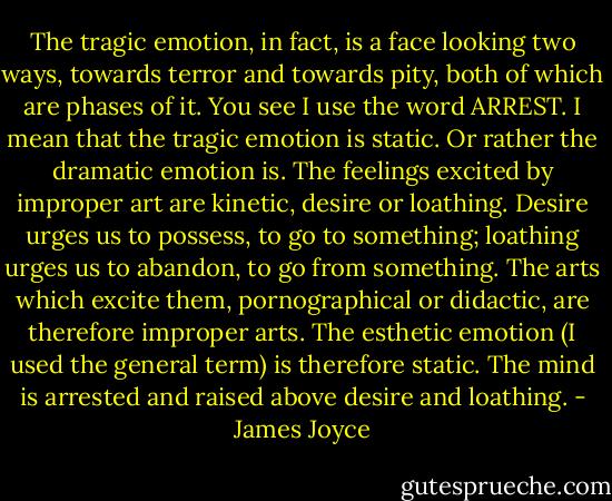 The tragic emotion, in fact, is a face looking two ways, towards terror and towards pity, both of which are phases of it. You see I use the word ARREST. I mean that the tragic emotion is static. Or rather the dramatic emotion is. The feelings excited by improper art are kinetic, desire or loathing. Desire urges us to possess, to go to something; loathing urges us to abandon, to go from something. The arts which excite them, pornographical or didactic, are therefore improper arts. The esthetic emotion (I used the general term) is therefore static. The mind is arrested and raised above desire and loathing. - James Joyce