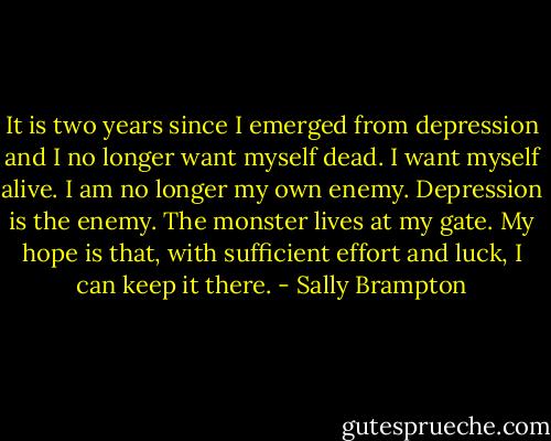 It is two years since I emerged from depression and I no longer want myself dead. I want myself alive. I am no longer my own enemy. Depression is the enemy. The monster lives at my gate. My hope is that, with sufficient effort and luck, I can keep it there. - Sally Brampton