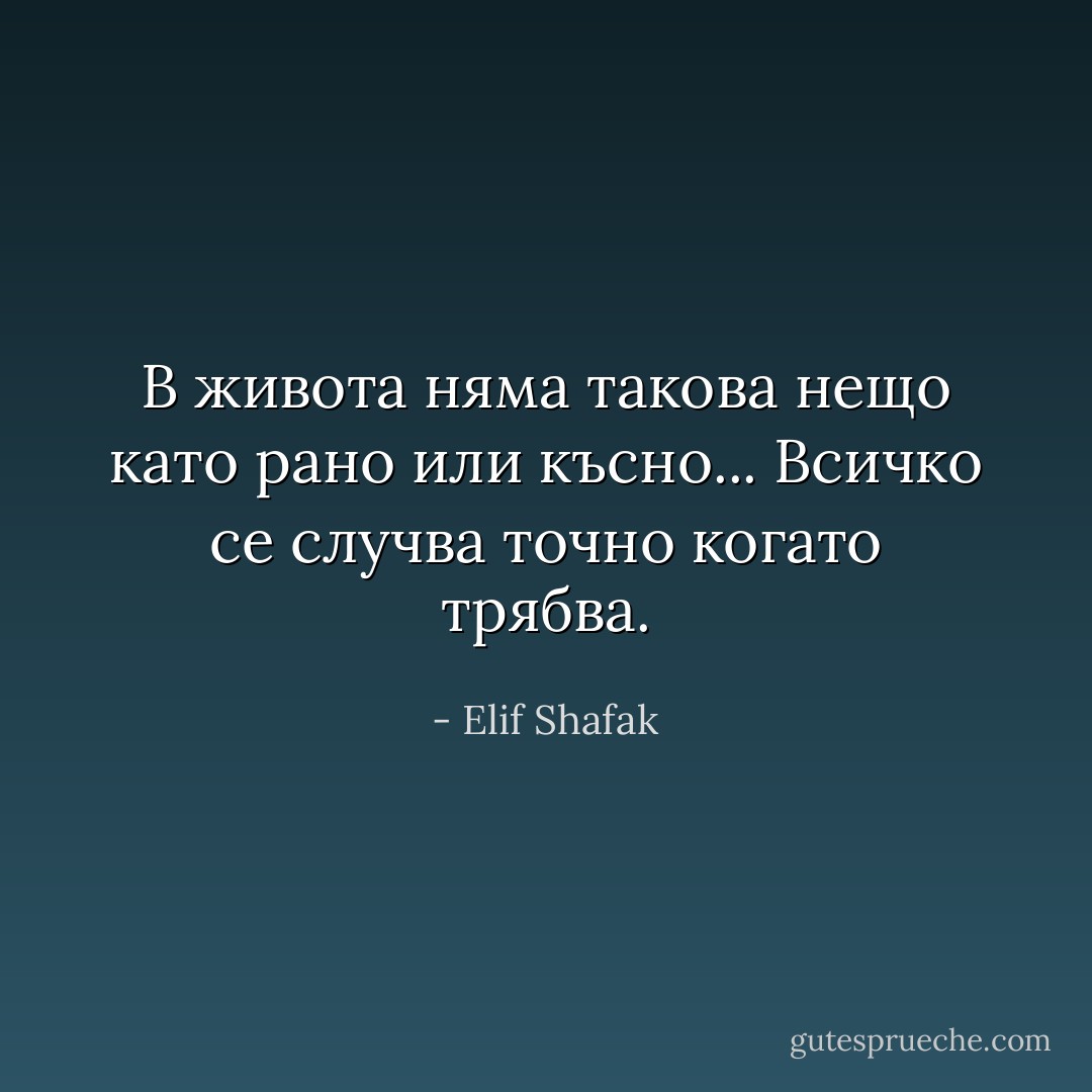 В живота няма такова нещо като рано или късно... Всичко се случва точно когато трябва. - Elif Shafak