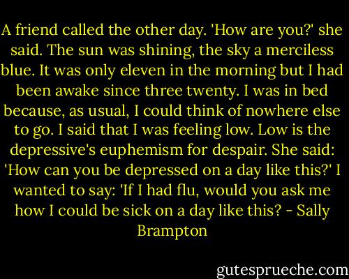 A friend called the other day.<br />'How are you?' she said.<br />The sun was shining, the sky a merciless blue. It was only eleven in the morning but I had been awake since three twenty. I was in bed because, as usual, I could think of nowhere else to go. I said that I was feeling low. Low is the depressive's euphemism for despair.<br />She said: 'How can you be depressed on a day like this?'<br />I wanted to say: 'If I had flu, would you ask me how I could be sick on a day like this? - Sally Brampton