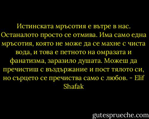 Истинската мръсотия е вътре в нас. Останалото просто се отмива. Има само една мръсотия, която не може да се махне с чиста вода, и това е петното на омразата и фанатизма, заразило душата. Можеш да пречистиш с въздържание и пост тялото си, но сърцето се пречиства само с любов. - Elif Shafak