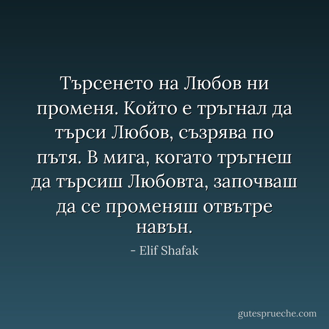Търсенето на Любов ни променя. Който е тръгнал да търси Любов, съзрява по пътя. В мига, когато тръгнеш да търсиш Любовта, започваш да се променяш отвътре навън. - Elif Shafak