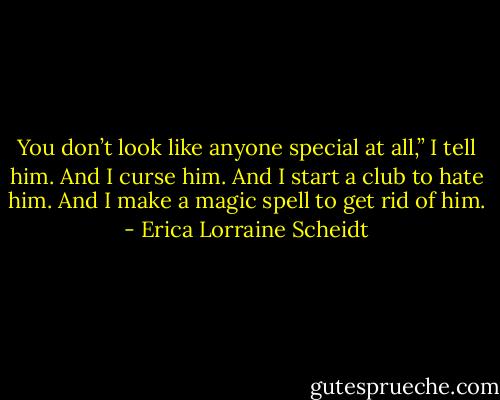 You don’t look like anyone special at all,” I tell him. And I curse him. And I start a club to hate him. And I make a magic spell to get rid of him. - Erica Lorraine Scheidt