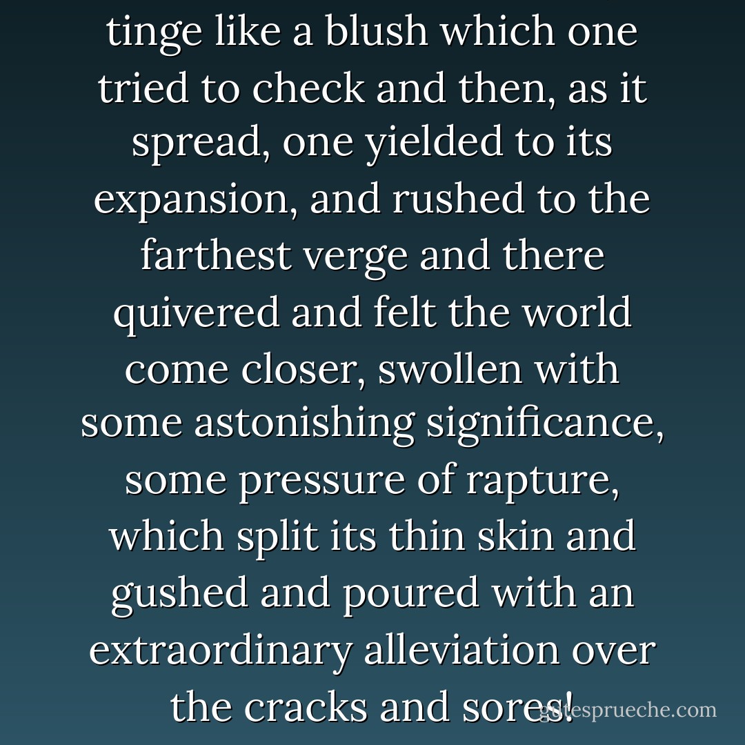 It was a sudden revelation, a tinge like a blush which one tried to check and then, as it spread, one yielded to its expansion, and rushed to the farthest verge and there quivered and felt the world come closer, swollen with some astonishing significance, some pressure of rapture, which split its thin skin and gushed and poured with an extraordinary alleviation over the cracks and sores! - Virginia Woolf