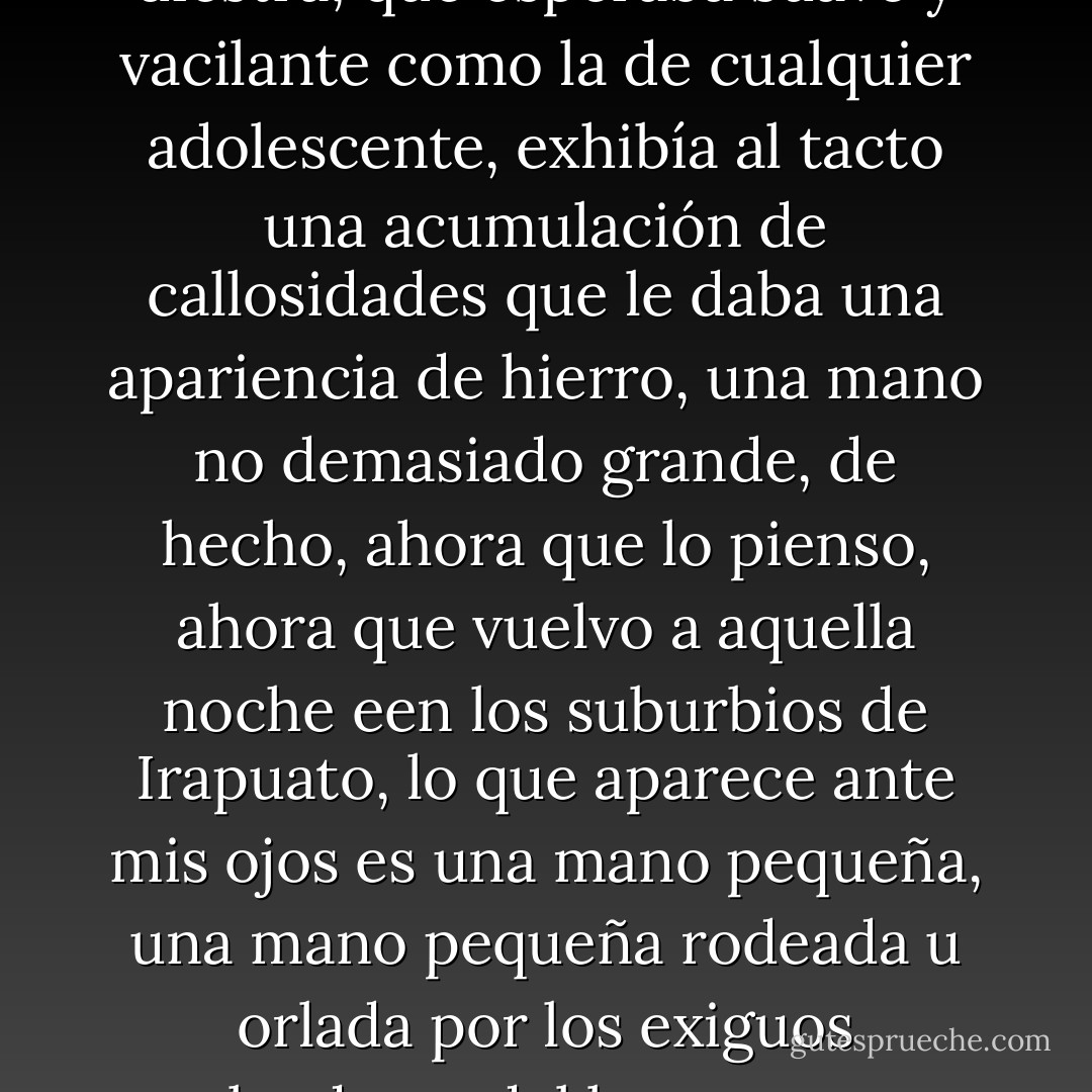 Le tendí la mano (no sé por qué, no soy dado a estos formalismos, al menos no en un bar y de noche) y él vaciló antes de darme la suya. Cuando se la estreché mi sorpresa fue mayúscula. Su diestra, que esperaba suave y vacilante como la de cualquier adolescente, exhibía al tacto una acumulación de callosidades que le daba una apariencia de hierro, una mano no demasiado grande, de hecho, ahora que lo pienso, ahora que vuelvo a aquella noche een los suburbios de Irapuato, lo que aparece ante mis ojos es una mano <i>pequeña</i>, una mano pequeña rodeada u orlada por los exiguos resplandores del bar, una mano que surge de un lugar desconocido, como el tentáculo de una tormenta, pero dura, durísima, una mano forjada en el taller de un herrerro. - Roberto Bolaño