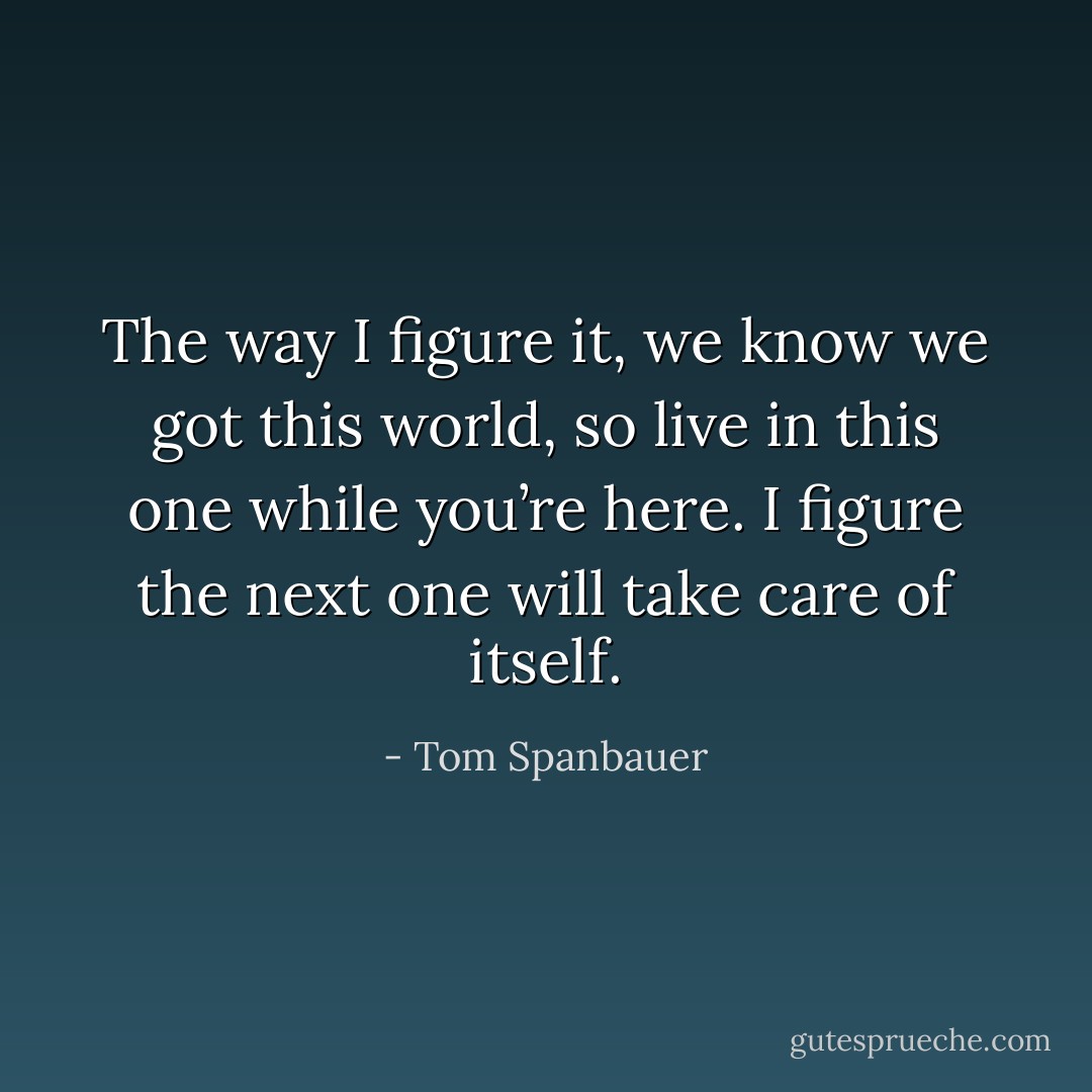 The way I figure it, we know we got this world, so live in this one while you’re here. I figure the next one will take care of itself. - Tom Spanbauer