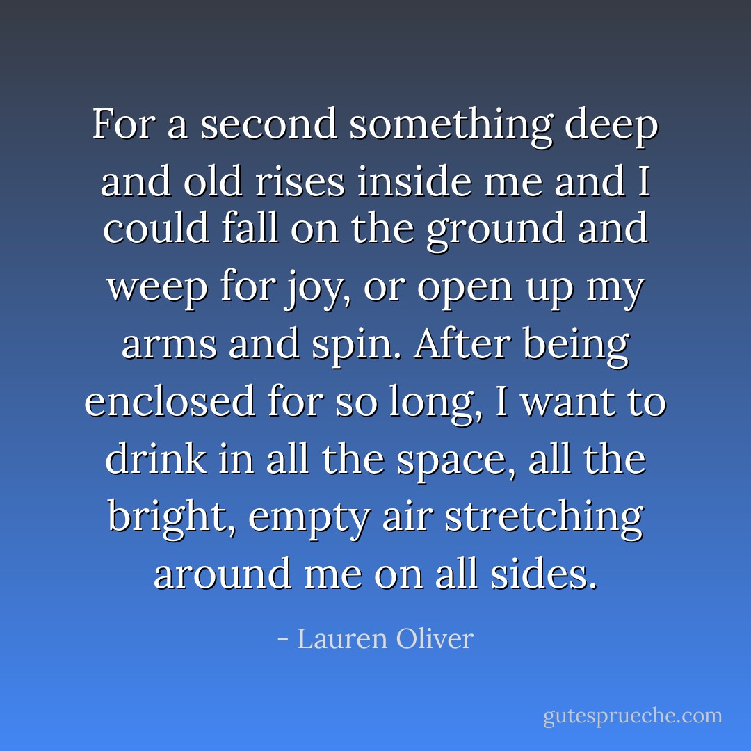 For a second something deep and old rises inside me and I could fall on the ground and weep for joy, or open up my arms and spin. After being enclosed for so long, I want to drink in all the space, all the bright, empty air stretching around me on all sides. - Lauren Oliver