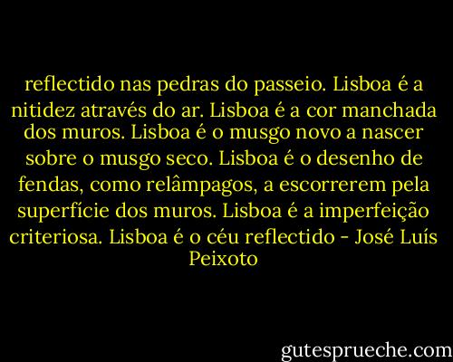 reflectido nas pedras do passeio. Lisboa é a nitidez através do ar. Lisboa é a cor manchada dos muros. Lisboa é o musgo novo a nascer sobre o musgo seco. Lisboa é o desenho de fendas, como relâmpagos, a escorrerem pela superfície dos muros. Lisboa é a imperfeição criteriosa. Lisboa é o céu reflectido - José Luís Peixoto