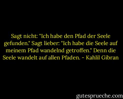 Sagt nicht: "Ich habe den Pfad der Seele gefunden." Sagt lieber: "Ich habe die Seele auf meinem Pfad wandelnd getroffen."<br />Denn die Seele wandelt auf allen Pfaden. - Kahlil Gibran