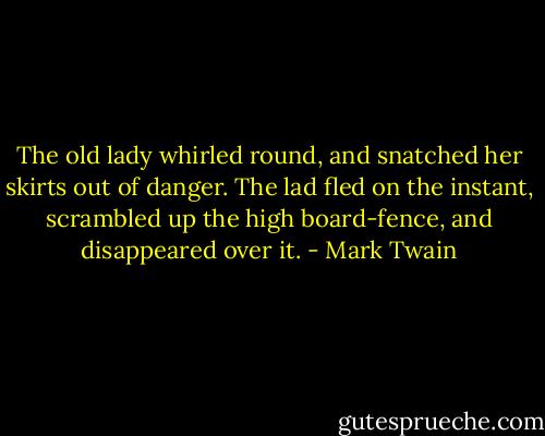 The old lady whirled round, and snatched her skirts out of danger. The lad fled on the instant, scrambled up the high board-fence, and disappeared over it. - Mark Twain