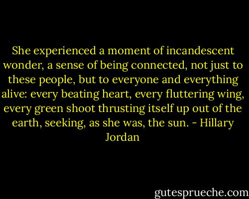 She experienced a moment of incandescent wonder, a sense of being connected, not just to these people, but to everyone and everything alive: every beating heart, every fluttering wing, every green shoot thrusting itself up out of the earth, seeking, as she was, the sun. - Hillary Jordan