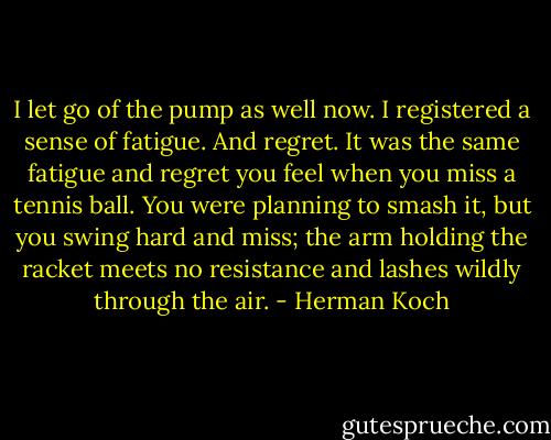 I let go of the pump as well now. I registered a sense of fatigue. And regret. It was the same fatigue and regret you feel when you miss a tennis ball. You were planning to smash it, but you swing hard and miss; the arm holding the racket meets no resistance and lashes wildly through the air. - Herman Koch