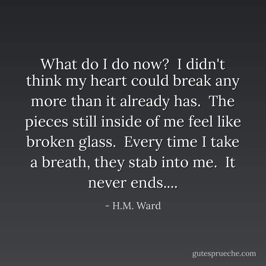 What do I do now?<br /><br />I didn't think my heart could break any more than it already has.<br /><br />The pieces still inside of me feel like broken glass.<br /><br />Every time I take a breath, they stab into me.<br /><br />It never ends.... - H.M. Ward