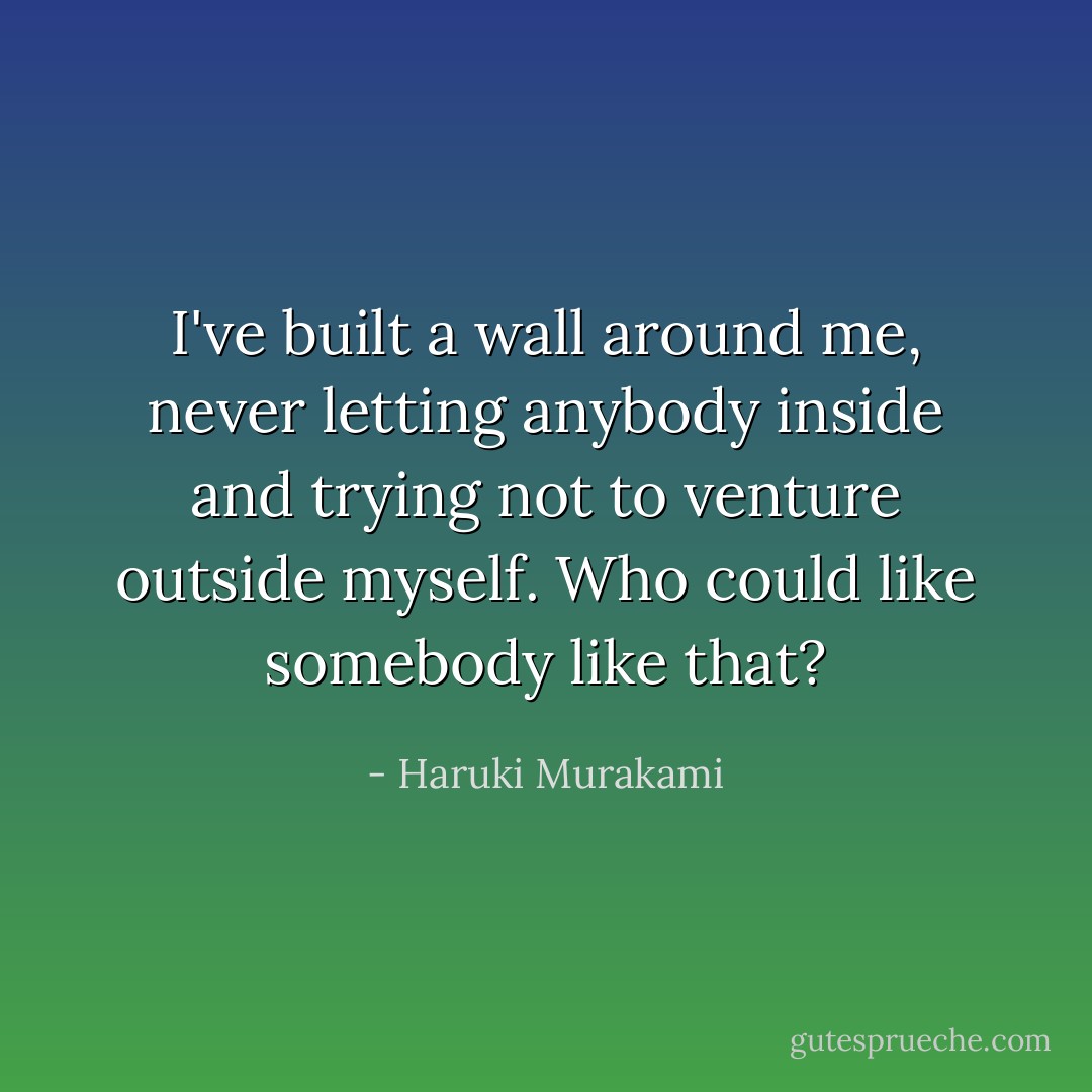 I've built a wall around me, never letting anybody inside and trying not to venture outside myself. Who could like somebody like that? - Haruki Murakami