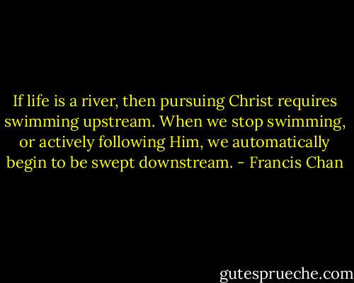 If life is a river, then pursuing Christ requires swimming upstream. When we stop swimming, or actively following Him, we automatically begin to be swept downstream. - Francis Chan