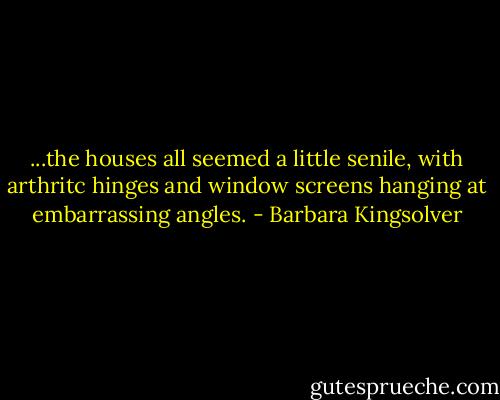 ...the houses all seemed a little senile, with arthritc hinges and window screens hanging at embarrassing angles. - Barbara Kingsolver