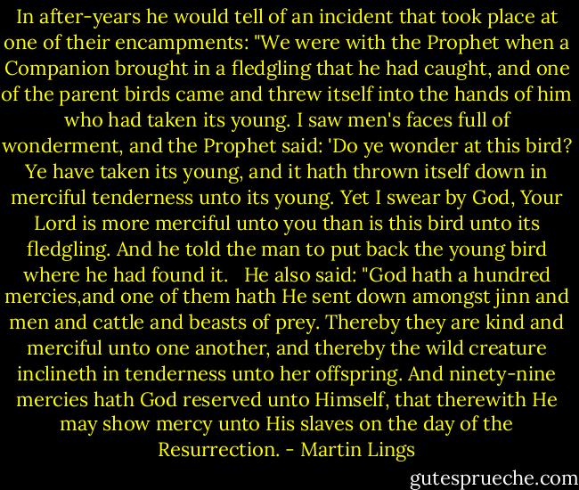 In after-years he would tell of an incident that took place at one of their encampments: "We were with the Prophet when a Companion brought in a fledgling that he had caught, and one of the parent birds came and threw itself into the hands of him who had taken its young. I saw men's faces full of wonderment, and the Prophet said: 'Do ye wonder at this bird? Ye have taken its young, and it hath thrown itself down in merciful tenderness unto its young. Yet I swear by God, Your Lord is more merciful unto you than is this bird unto its fledgling. And he told the man to put back the young bird where he had found it. <br /><br />He also said: "God hath a hundred mercies,and one of them hath He sent down amongst jinn and men and cattle and beasts of prey. Thereby they are kind and merciful unto one another, and thereby the wild creature inclineth in tenderness unto her offspring. And ninety-nine mercies hath God reserved unto Himself, that therewith He may show mercy unto His slaves on the day of the Resurrection. - Martin Lings