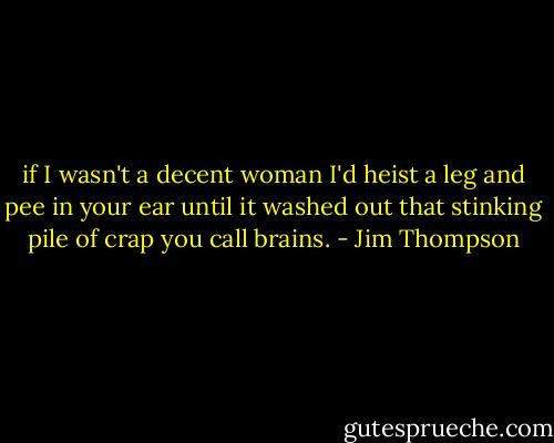 if I wasn't a decent woman I'd heist a leg and pee in your ear until it washed out that stinking pile of crap you call brains. - Jim Thompson