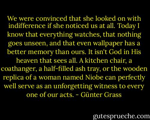 We were convinced that she looked on with indifference if she noticed us at all. Today I know that everything watches, that nothing goes unseen, and that even wallpaper has a better memory than ours. It isn't God in His heaven that sees all. A kitchen chair, a coathanger, a half-filled ash tray, or the wooden replica of a woman named Niobe can perfectly well serve as an unforgetting witness to every one of our acts. - Günter Grass