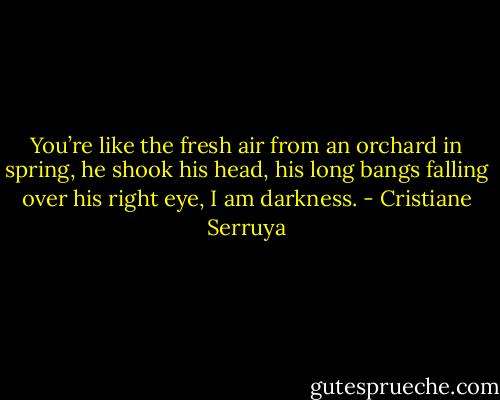You’re like the fresh air from an orchard in spring, he shook his head, his long bangs falling over his right eye, I am darkness. - Cristiane Serruya