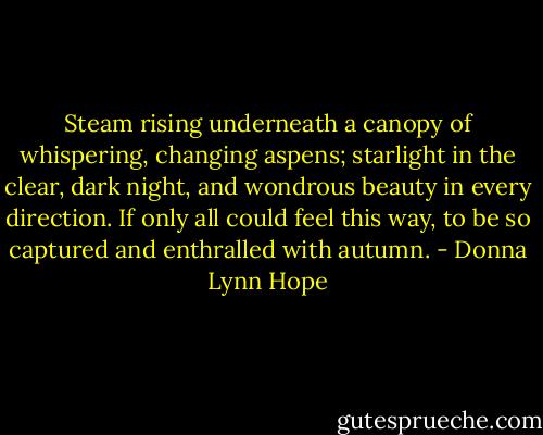 Steam rising underneath a canopy of whispering, changing aspens; starlight in the clear, dark night, and wondrous beauty in every direction. If only all could feel this way, to be so captured and enthralled with autumn. - Donna Lynn Hope