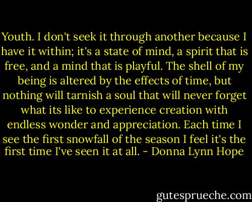 Youth. I don't seek it through another because I have it within; it's a state of mind, a spirit that is free, and a mind that is playful. The shell of my being is altered by the effects of time, but nothing will tarnish a soul that will never forget what its like to experience creation with endless wonder and appreciation. Each time I see the first snowfall of the season I feel it's the first time I've seen it at all. - Donna Lynn Hope