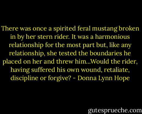 There was once a spirited feral mustang broken in by her stern rider. It was a harmonious relationship for the most part but, like any relationship, she tested the boundaries he placed on her and threw him...Would the rider, having suffered his own wound, retaliate, discipline or forgive? - Donna Lynn Hope