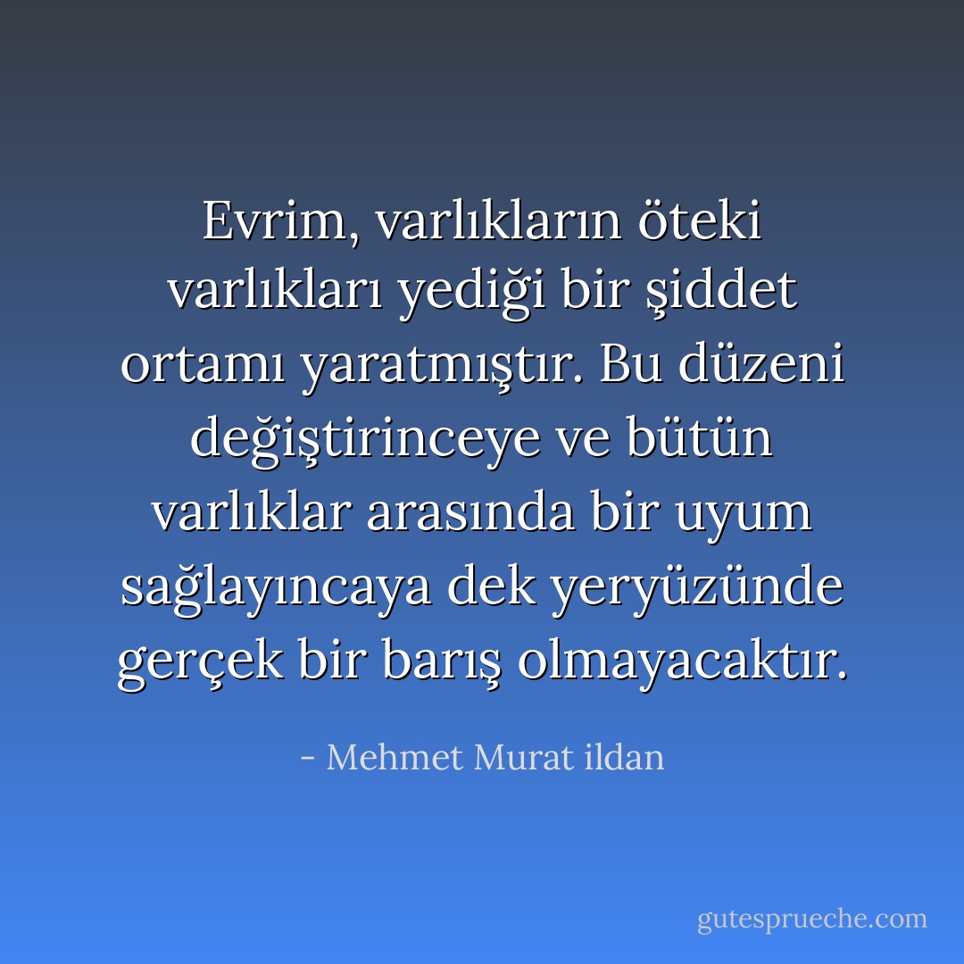 Evrim, varlıkların öteki varlıkları yediği bir şiddet ortamı yaratmıştır. Bu düzeni değiştirinceye ve bütün varlıklar arasında bir uyum sağlayıncaya dek yeryüzünde gerçek bir barış olmayacaktır. - Mehmet Murat ildan